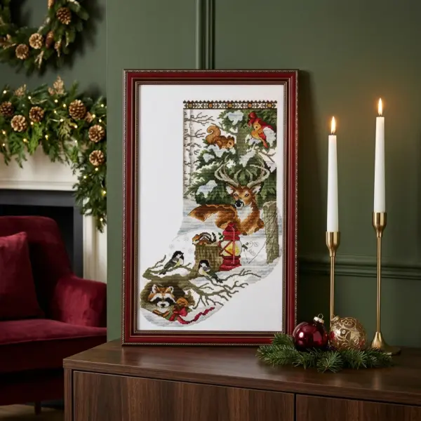 Winter Jungle Snowscape Christmas Stocking DMC Cross Stitch decor
