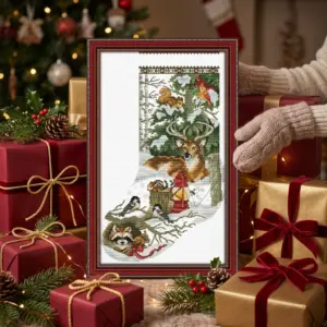 Winter Jungle Snowscape Christmas Stocking DMC Cross Stitch gifting
