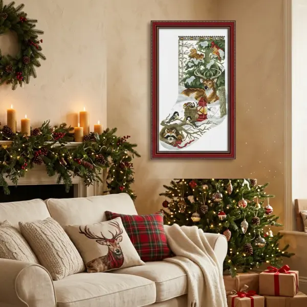 Winter Jungle Snowscape Christmas Stocking DMC Cross Stitch lifestyle