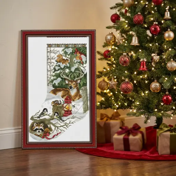 Winter Jungle Snowscape Christmas Stocking DMC Cross Stitch tree
