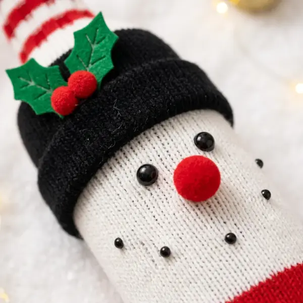 Woven Christmas Wine Bottle Cover Bags – Santa, Snowman & Reindeer Holiday Table Decorations closeup