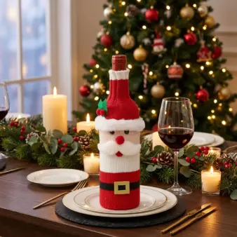Woven Christmas Wine Bottle Cover Bags – Santa, Snowman & Reindeer Holiday Table Decorations dinner table