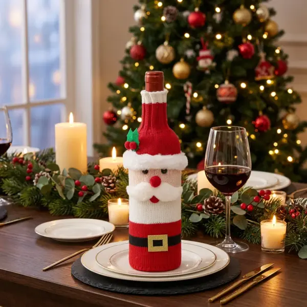 Woven Christmas Wine Bottle Cover Bags – Santa, Snowman & Reindeer Holiday Table Decorations dinner table