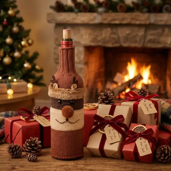 Woven Christmas Wine Bottle Cover Bags – Santa, Snowman & Reindeer Holiday Table Decorations gift