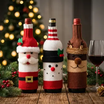 Woven Christmas Wine Bottle Cover Bags – Santa, Snowman & Reindeer Holiday Table Decorations hero