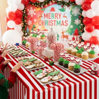 Christmas Red and White Striped Tablecloth for Holiday Gatherings, Parties & Festive Table Décor