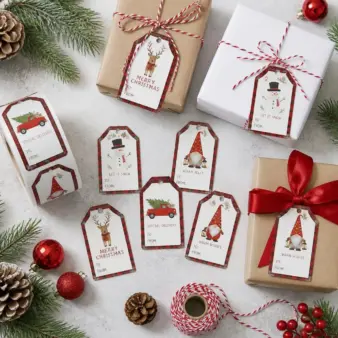 100PCS Christmas Gift Tags & Self Adhesive Labels, 8 Designs for Gifts, Packages & Holiday Décor
