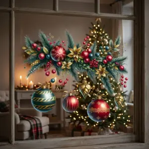 Self-Adhesive PVC Christmas Scene Wall Stickers Cartoon with Pine, Berries & Ornaments for Windows, Doors & Walls