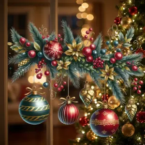 Self-Adhesive PVC Christmas Scene Wall Stickers Cartoon with Pine, Berries & Ornaments for Windows, Doors & Walls