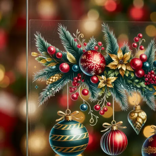 Self-Adhesive PVC Christmas Scene Wall Stickers Cartoon with Pine, Berries & Ornaments for Windows, Doors & Walls