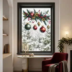 Self-Adhesive PVC Christmas Scene Wall Stickers Cartoon with Pine, Berries & Ornaments for Windows, Doors & Walls