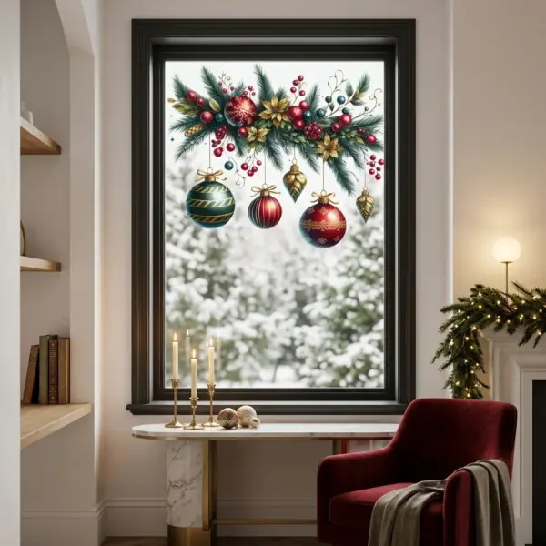 Self-Adhesive PVC Christmas Scene Wall Stickers Cartoon with Pine, Berries & Ornaments for Windows, Doors & Walls