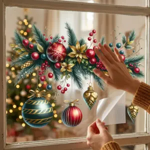 Self-Adhesive PVC Christmas Scene Wall Stickers Cartoon with Pine, Berries & Ornaments for Windows, Doors & Walls