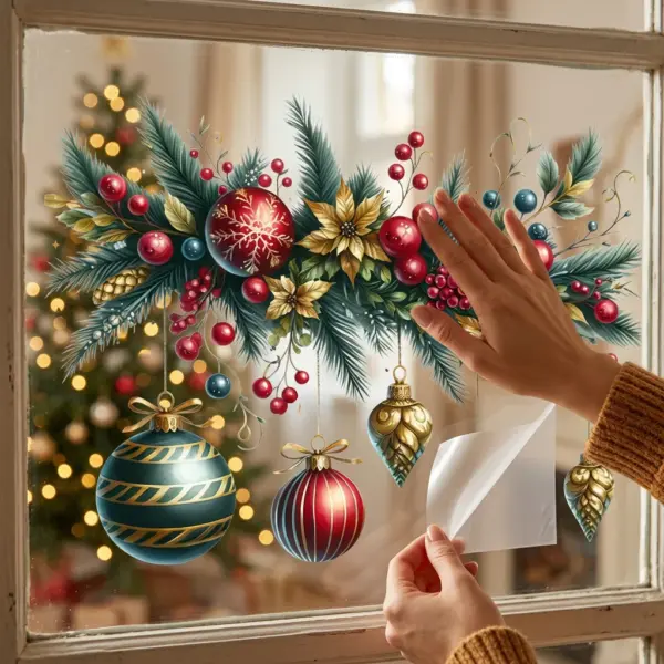 Self-Adhesive PVC Christmas Scene Wall Stickers Cartoon with Pine, Berries & Ornaments for Windows, Doors & Walls