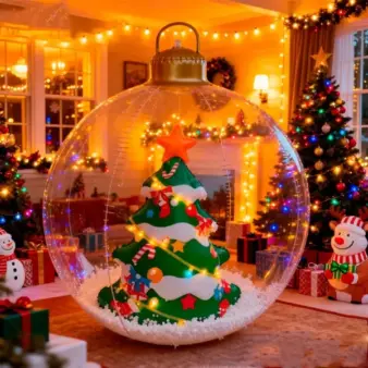 4D Flat Giant Inflatable Christmas Decoration with Santa House & Snow Scene, Indoor & Outdoor Holiday Décor